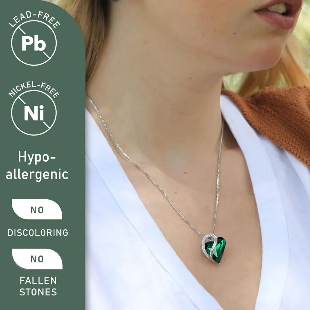 Infinity Love Birthstone Heart Pendant Emerald Green Necklace Women Mom Silver